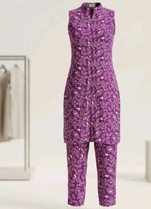 Purple Leaf Print Kurta Set