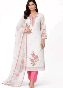 Beautiful White &amp; Pink Embroidered Kurta Set