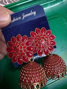 Red Jhumka &amp; Stud Earrings Set