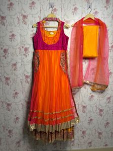 Stunning Orange &amp; Pink Anarkali Lehenga Choli