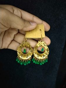 Boho Golden Jhumka Earrings with Green Beads