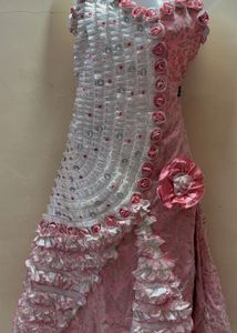 Pink &amp; White Embellished Gown with Rose Details
