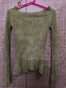 Olive Green Off-Shoulder Ribbed Top