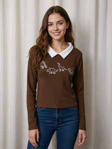 Dino Graphic Collar Long Sleeve Top