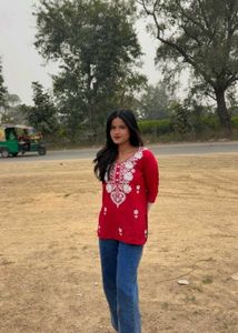 Red Embroidered Kurti with Blue Jeans