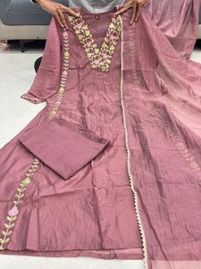 Mauve Embroidered Mul Chanderi Suit Set