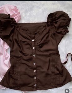 Brown Puff Sleeve Button-Up Top