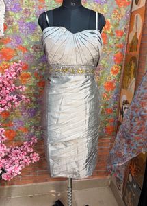 Elegant Silver Ruched beaded Cocktail Dress
