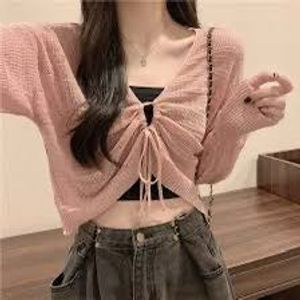 Sheer Pink Ruched Tie-Front Top