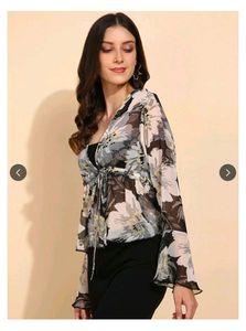Sheer Floral Tie-Front Blouse