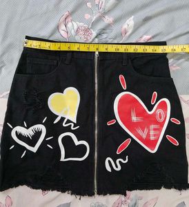Black Denim Skirt with Heart Prints