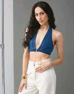 Shein Plunging Halter Neck Panelled Micro Crop Top