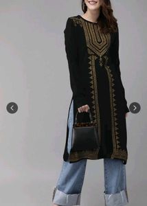 Black and gold printed straight woolen Kurta