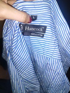 Hancock Men Blue &amp; White Striped Pure Cotton Slim