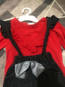 Cute Red Top & Denim Overalls Set