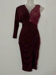 Maroon One-Sleeve Embellished Dress