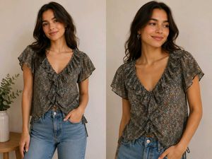 brown colour wrap top with ruffle neck for women