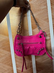Hot Pink Croc Embossed Shoulder Bag