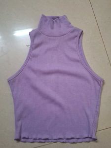 Purple Ribbed Mock Neck Sleeveless Top