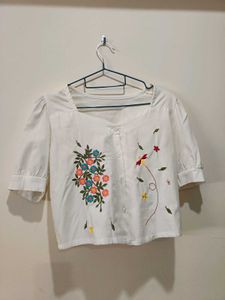 Embroidered White Cropped Top