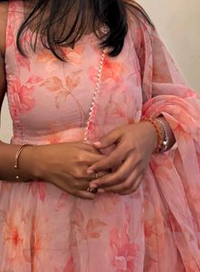 navratri peach organza anarkali with dupatta