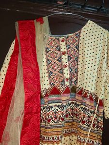 Red  Beige Embroidered Kurtas 2 and lower dupata