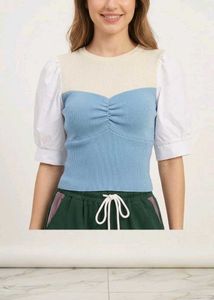 Cute Color Block Puff Sleeve Top