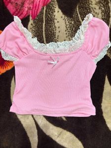 Cute Pink Lace Trim Puff Sleeve Top
