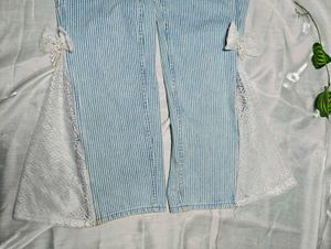 Women’s Blue White Striped Wide Leg Lace Jeans