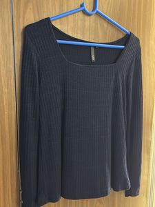 LOV Navy Ribbed Square Neck Top
