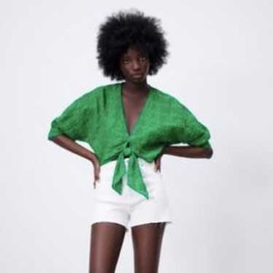 Zara Green Floral Tie-Front Blouse