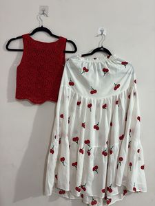 Crochet top with cherry print skirt 🍒