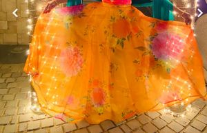 Studio Srinagar Mustard Yellow &amp;pink floral print skirt lehenga.