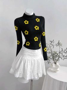 Black Floral Turtleneck Top