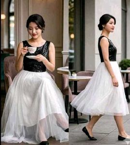 Chic Black Sequin Top White Tulle Dress