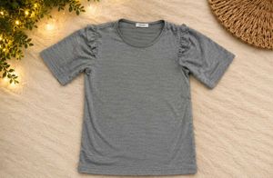 Grey Ruffle Sleeve T-Shirt