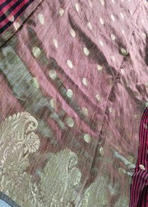 Elegant Red &amp; Black Striped Saree with Gold Motifs