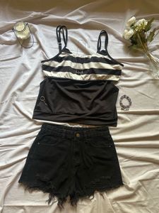 striped cami top,black shorts &amp; jewelry