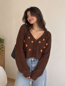 Brown Cropped Cardigan with Flower Embellishment