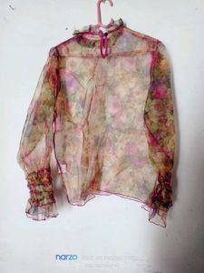 Sheer Floral Organza Puff Sleeve Blouse