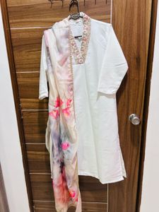 White Kurta Set with Floral Dupatta
