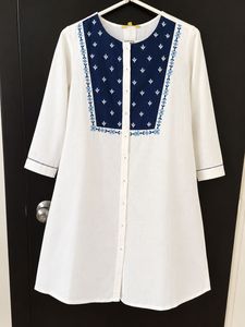 White short Kurta with Blue Embroidery
