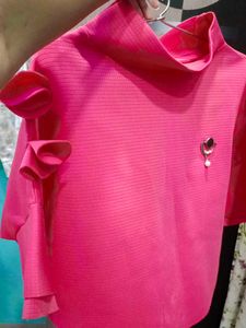 Stylish Pink Textured Top with Ruffled Sleeves