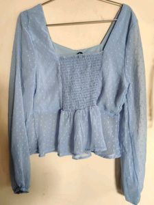 Light Blue Swiss Dot Peplum Top