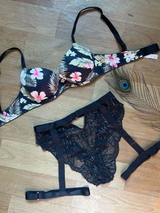 Tropical Floral Bra and Lace Briefs Set
