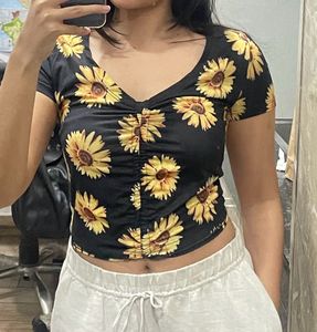 Sunflower Print Ruched Crop Top