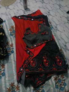 Elegant Red &amp; Black Silk Saree