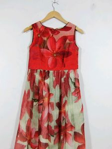 Neerus Red And Cream Floral Printed Sleeveless Long Dress (Women)