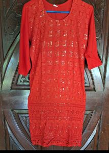 Red Chikenkari Kurta