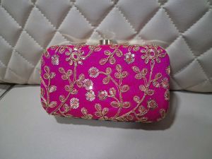 Vibrant Pink Embroidered Clutch Bag